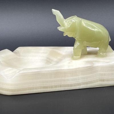 Onyx Ashtray w/ Carved Jade Elephant