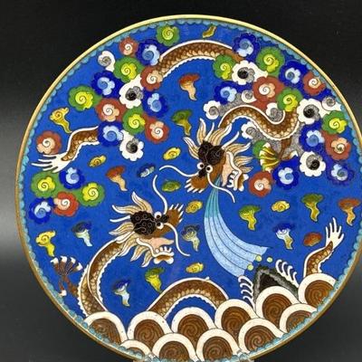 Cloisonné Facing Dragon Plate, 8in Diameter