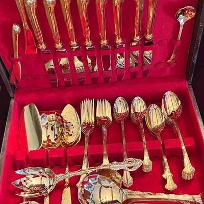 Retroneu Century Gold-tone Flatware set. 56 pc   $100         This item is available for PRESALE.  Please text photo to 760-668-0554 to...