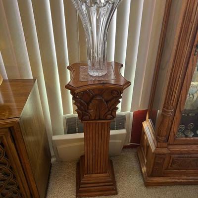 Carved wood and Marble Pedestal $100   This item is available for PRESALE.  Please text photo to 760-668-0554 to purchase.  We accept Zelle