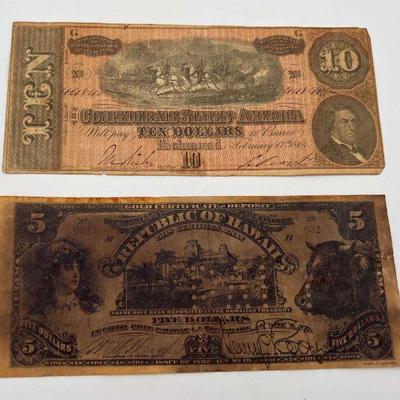 KPT044-Rare 1864 Confederate $10 Bill & Replica Hawaii $5 Bill