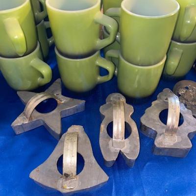 Vintage cookie cutters, Fire King coffee cups