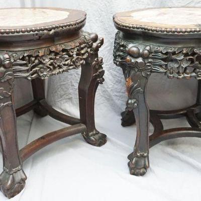 PAIR ANTIQUE CHINESE CARVED MARBLE TOP TABLES