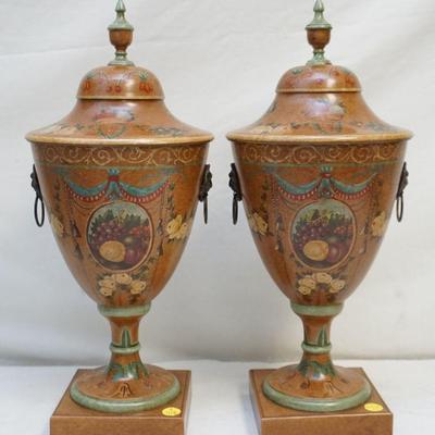PAIR HAND PAINTED TOLE CHESTNUT URNS