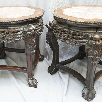 PAIR ANTIQUE CHINESE CARVED MARBLE TOP TABLES