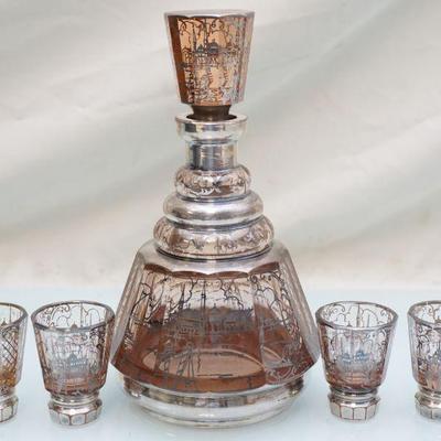 5 pc MCM SILVER OVERLAY AMBER DECANTER & GLASSES