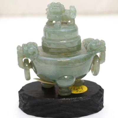CHINESE CARVED JADE FOO DOG URN ON STAND