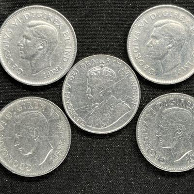 Five 1936 & 1938 Canadian Five Cent Coins