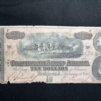 1864 $10 Dollar Confederate Bill - Civil War