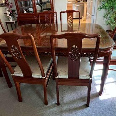 MLC054- Vintage Oriental Glass Top Rosewood Dining Table & Six Chairs