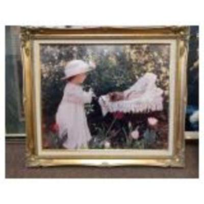 pretty girl & kitten print. Signed. 
