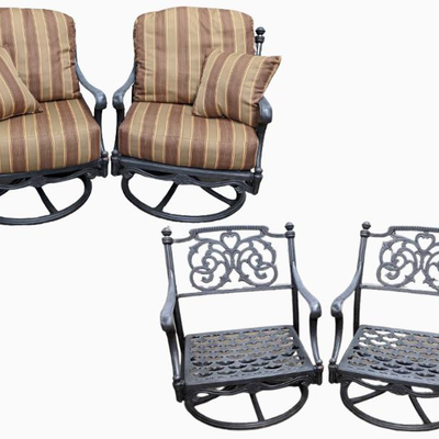 Two Wrought Iron Style Swivel Rocker Patio Chairs with Striped Cushions
