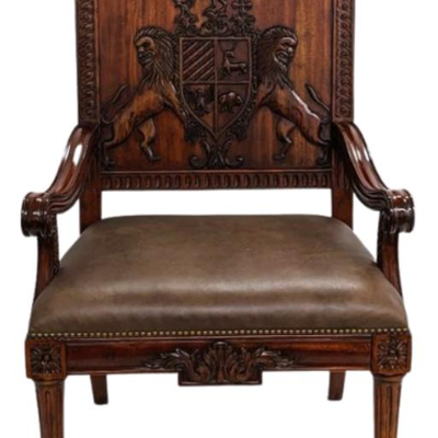 Maitland-Smith Hand Carved Mahogany Arm Chair w/ Leather Seat & Brass Studs- English Crest Motif
