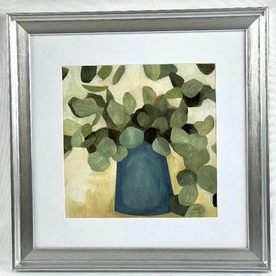 Greenery Still Life Print of Eucalyptus in a Blue Vase, Framed in a Shiny Silver Wood Frame
