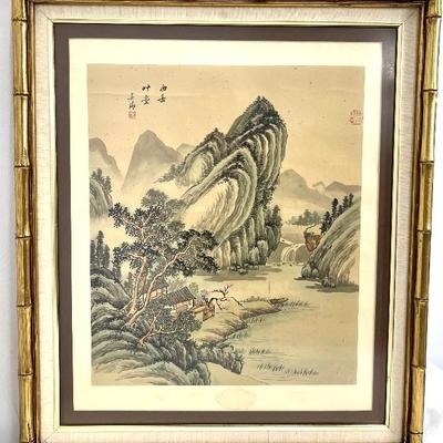 Large Midcentury Asian Landscape Painting on Silk in Gold Gilt 
