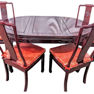 Vintage Asian-Style Solid Rosewood Oval-to-Round Table with Glass Topper, 4 Silk Upholstered Chairs & 1 Leaf
