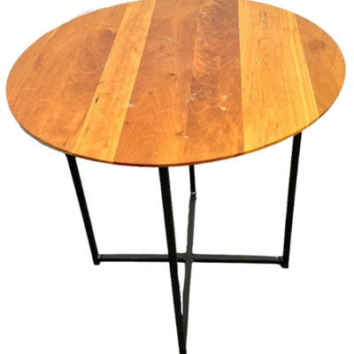 Mid Century Round Wood End Table with Black Iron Legs

