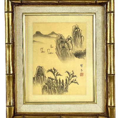 Midcentury Asian Landscape Painting on Silk in Gold Gilt Wood 