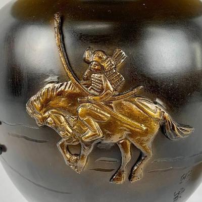 Vintage Japanese Painted & Gilded Copper Lamp with Warrior on Horse Motif on Wood Base
