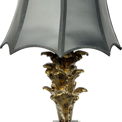 Hollywood Regency Gold Acanthus Leaf Table Lamp On Black & Lucite Base
