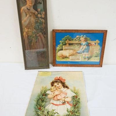 1044	VICTORIAN ERA CALENDARS & FRAMED ADVERTISING, 3 PIECE LOT, LARGEST APPROXIMATELY 15 IN X 22 IN
