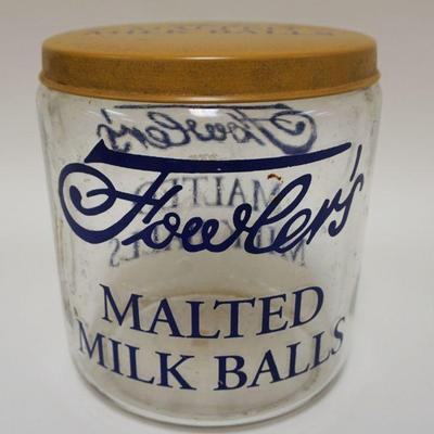1062	ANTIQUE CANDY STORE COUNTER TOP FOWLERS MALTED MILK BALLS CONTAINER, APPROXIMATELY 8 IN HIGH
