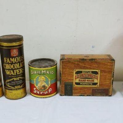 1056	LOT OF ASSORTED ANTIQUE ADVERTISING TINS INCLUDING NABISCO, BAYUK, CARNATION, DIXIE MAID
