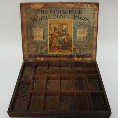 1066	ANTIQUE ADVERTISING WOOD BOX *THE HOUSEHOLD WIRE NAIL BOX*, APPROXIMATELY 10 IN X 13 IN X 2 IN
