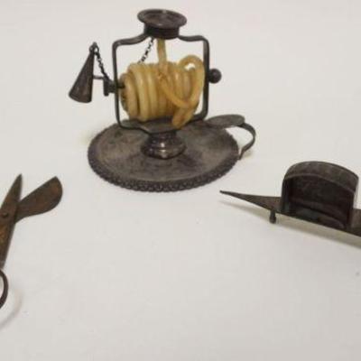 1029	CANDLE & RELATED ANTIQUE LOT, COIL CANDLE NAPPY W/TOUCHMARKS ON BOTTOM, CANDLE SNUFFER & WICK TRIMMER
