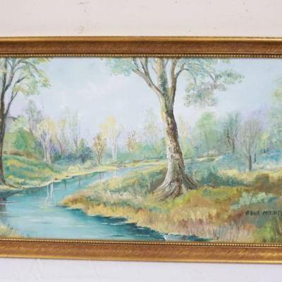 1079	OIL PAINTING ON BOARD OF STREAM IN FOREST, ARTIST SIGNED, APPROXIMATELY 18 IN X 33 IN
