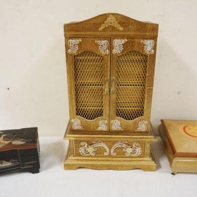1123	LOT OF 3 JEWELRY BOXES, ASIAN LACQUER & SMITHSONIAN SHELL MUSIC BOX
