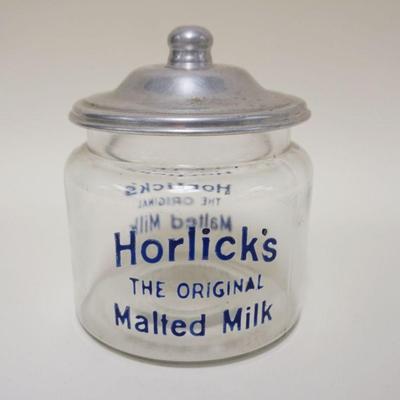1061	ANTIQUE CANDY STORE COUNTER TOP MALTED MILK JAR W/LID, APPROXIMATELY 6 1/2 IN HIGH
