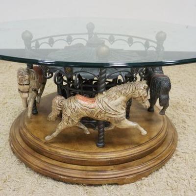 1221	EXCEPTIONAL REVOLVING GLASS TOP CAROUSEL HORSE COFFEE TABLE, APPROXIMATELY 74 IN X 21 IN H
