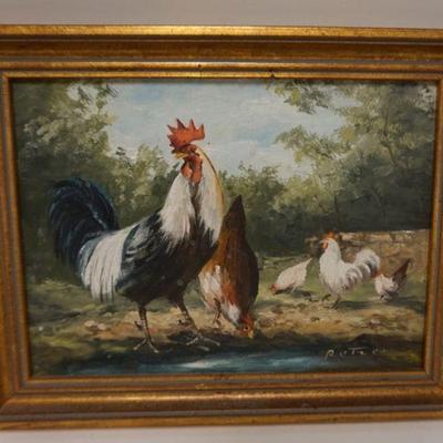 1140	OIL PAINTING ON CANVAS OF ROOSTER AND CHICKENS, SIGNED LOWER RIGHT, APPROXIMATELY 9 IN X 11 1/4 IN OVERALL

