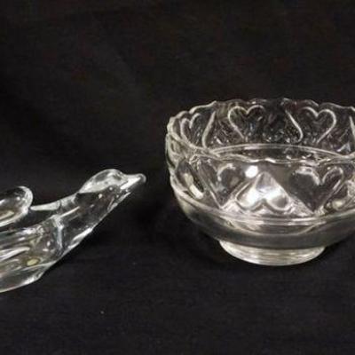 1282	3 PIECE GLASS LOT INCLUDING TIFFANY & CO BOWL & VASE, FRENCH GLASS BIRD DISH, BOWL APPROXIMATELY 8 IN X 5 IN H
