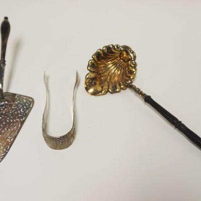 1035	3 PIECE LOT OF SILVERPLATE SERVING PIECES INCLUDING PIE SERVER, LADLE W/GOLD WASH & TONGS W/EMBOSSED SCENE ON HANDLE
