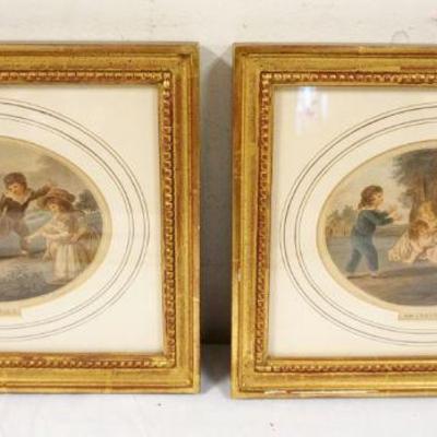 1104	PAIR OF ANTIQUE FRAMED PRINTS OF CHILDREN *SWINGING* & *TRAP BALL*, APPROXIMATELY 10 IN X 12 IN OVERALL
