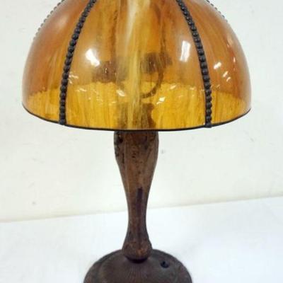 1129	ANTIQUE CAST METAL TABLE LAMP WITH SLAG GLASS SHADE, APPROXIMATELY 22 IN H
