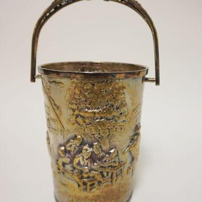 1037	DANISH SILVERPLATE SCENIC EMBOSSED PAIL WITH PIERCED HANDLE, APPROXIMATELY 9 1/2 IN HIGH, HANS JENSEN
