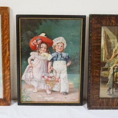 1042	LOT OF 3 VICTORIAN ERA FRAMED PRINTS & ADVERTISING, LARGEST APPROXIMATELY 15 IN X 27 IN

