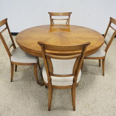 1216	GROSFIELD HOUSE 52 IN ROUND PEDISTAL DINING ROOM TABLE WITH 1 LEAF AND 4 CHAIRS, APPROXIMATELY 52 IN ROUND X 30 IN H LEAF IS 18 IN

