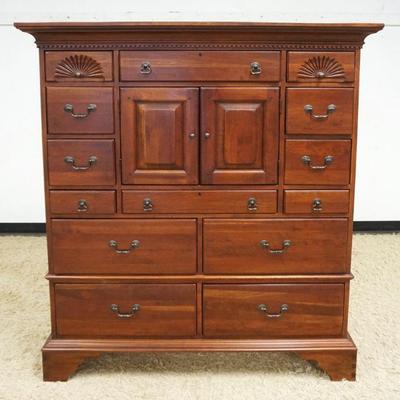 1224	LEXINGTON BOB TIMBER LAKE SOLID CHERRY HIGH CHEST WITH SHELL CARVED DRAWER FRONT AT TOP ON DOVETAILED BRACKET FEET, APPROXIMATELY 51...
