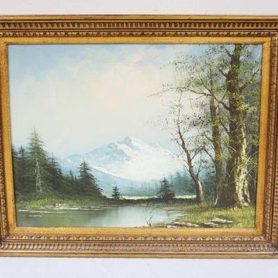1078	OIL PAINTING ON CANVAS OF STREAM W/SNOW COVERED MOUNTAIN SIDE IN BACKGROUND, APPROXIMATELY 29 IN X 25 IN OVERALL

