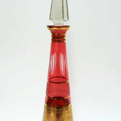 1001	LARGE CRANBERRY TO CLEAR DECANTOR W/PYRAMID STOPPER & GILT BANDING & TRIM, PANELED SIDES, CUT & POLISHED BOTTOM,...
