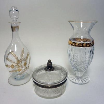 1272	CUT GLASS 3 PIECE LOT, DECANTER, VASE AND COVERED DISH, LARGEST APPROXIMATELY 13 IN H
