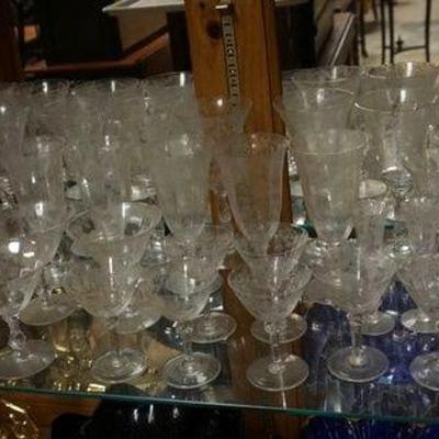 1149	LOT OF ELEGANT ETCHED STEMWARE, 50 PIECES, LARGEST APPROXIMATELY 8 IN H
