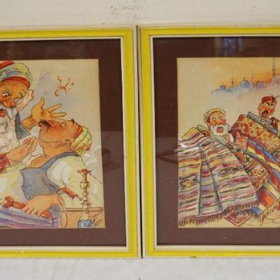 1071	WATERCOLOR PAINTING LOT OF 2 FRAMED COMICAL PERSIAN THEMED, SIGNED & DATED CONSTANTINOPLE 1920, APPROXIMATELY 11 IN X 14 IN OVERALL
