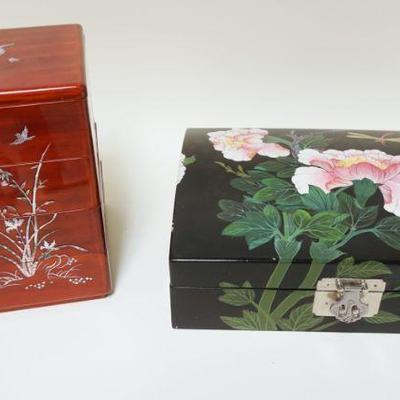1076	ASIAN LACQUERED JEWELRY BOX & NEST OF BOXES W/MOTHER OF PEARL INLAY, LARGEST APPROXIMATELY 8 IN SQUARE X 10 IN
