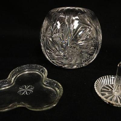 1113	LOT CUT GLASS, 6 IN HIGH ROSE BOWL, WATERFORD RING DISH & WHEEL CUT CLOVER DISH
