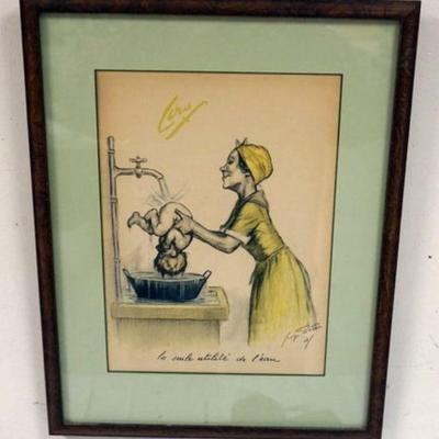 1134	PRINT OF WOMAN WASHING CHILD UNDER SINK, SIGNED LOWER RIGHT, APPROXIMATELY 13 1/2 IN X 17 IN OVERALL
